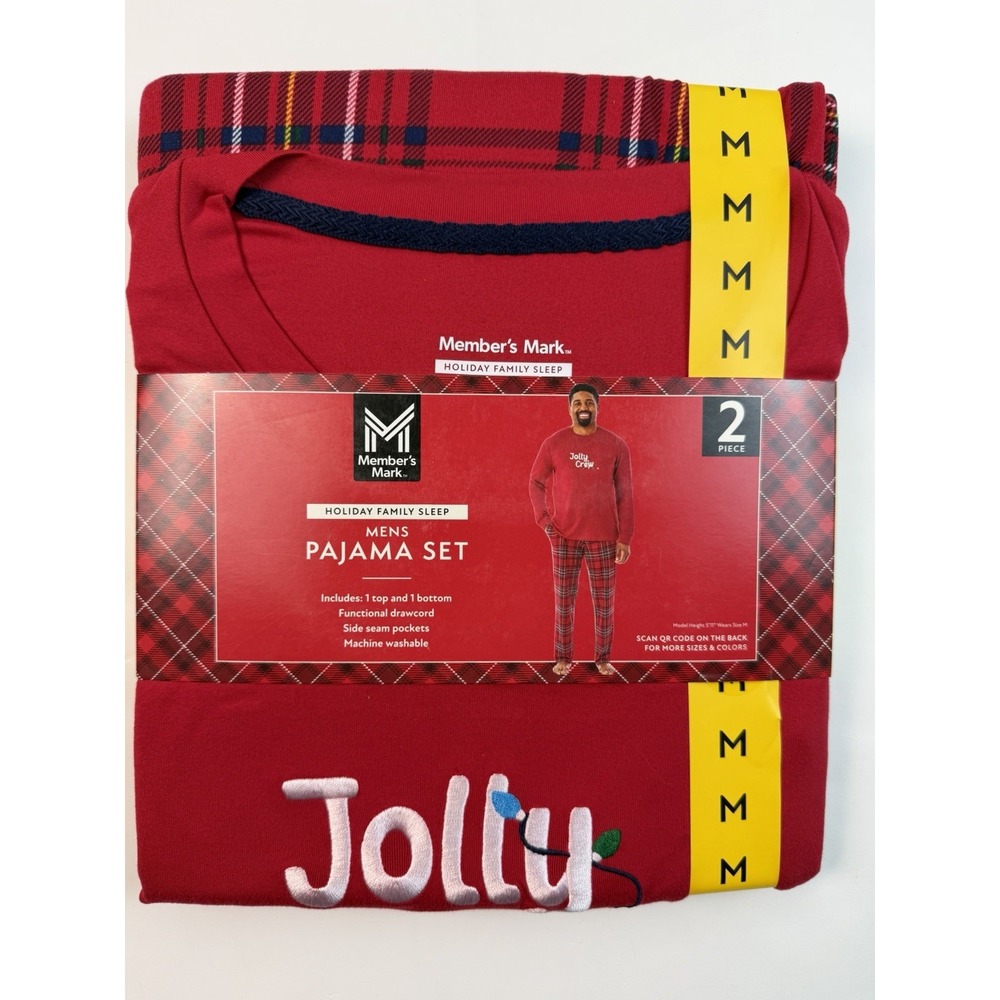 Member's Mark Men's Medium Jolly Crew Holiday Pajama Set Red Plaid NWT